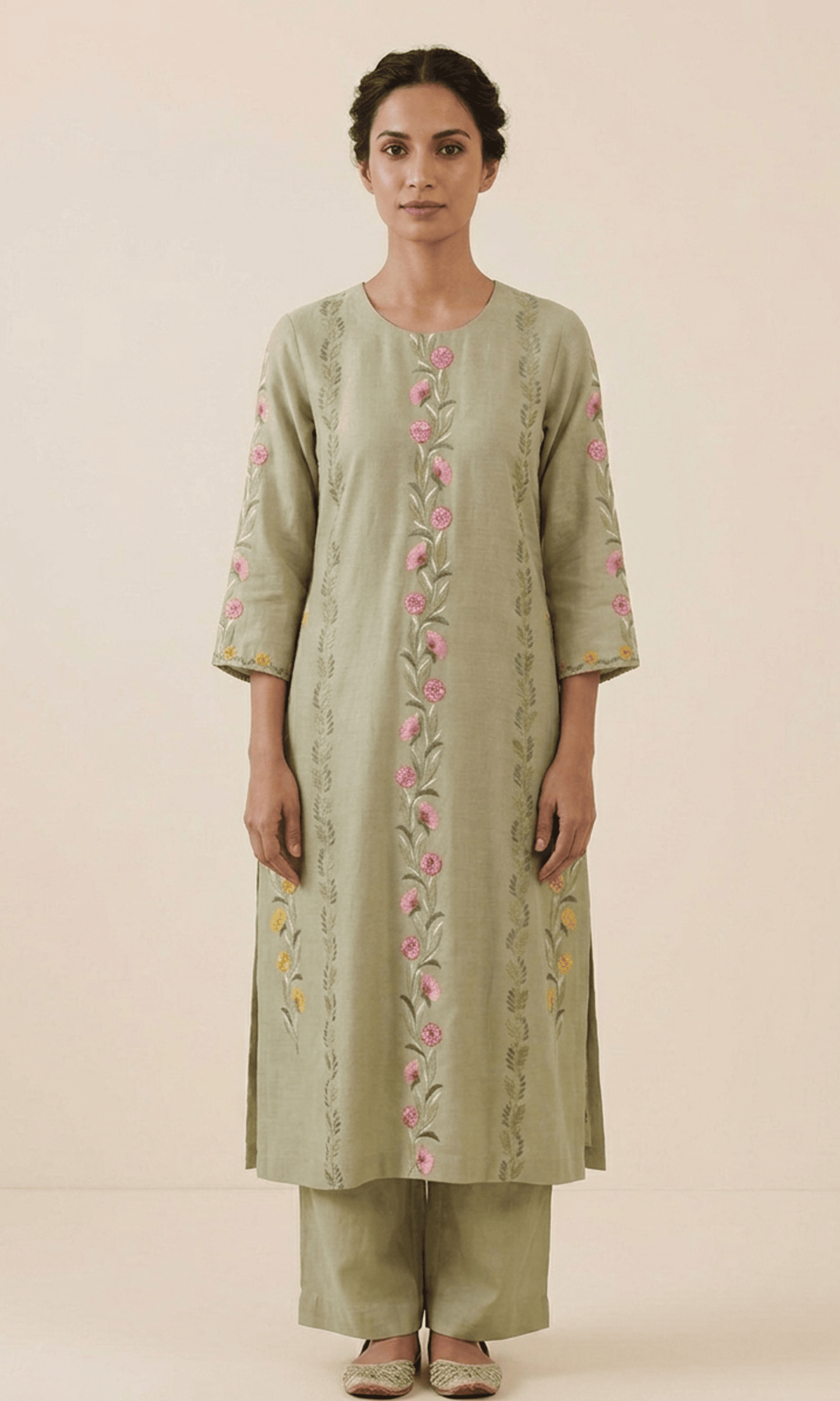 Sage Green Embroidered Kurta Set with Floral Handwork Dupatta