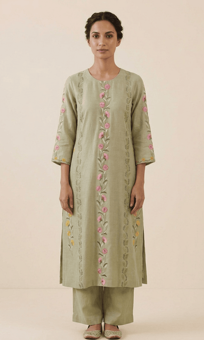 Sage Green Embroidered Kurta Set with Floral Handwork Dupatta