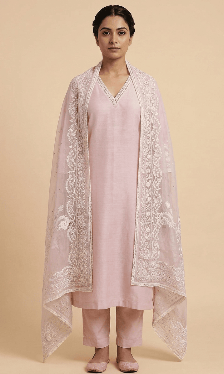 Blush Pink Embroidered Chanderi Kurta Set with Organza Dupatta