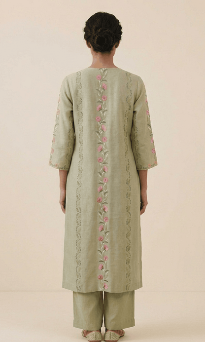 Sage Green Embroidered Kurta Set with Floral Handwork Dupatta