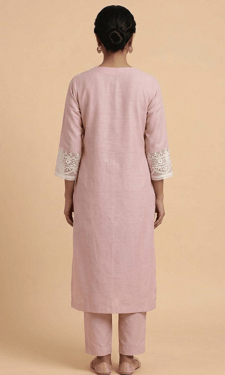 Blush Pink Embroidered Chanderi Kurta Set with Organza Dupatta