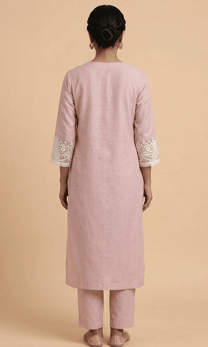 Blush Pink Embroidered Chanderi Kurta Set with Organza Dupatta