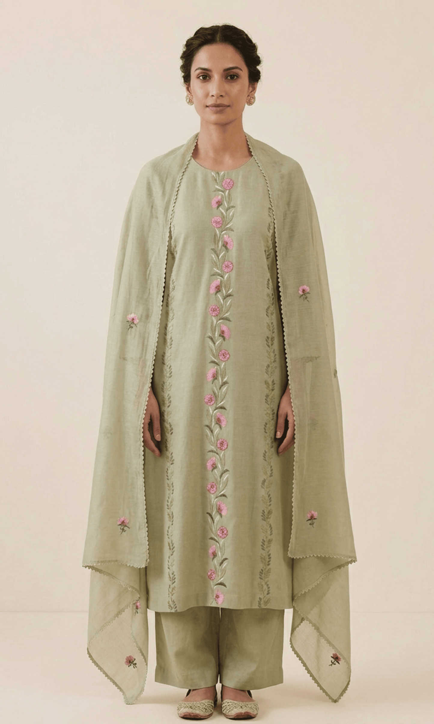 Sage Green Embroidered Kurta Set with Floral Handwork Dupatta