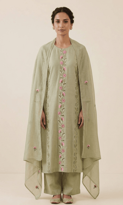 Sage Green Embroidered Kurta Set with Floral Handwork Dupatta