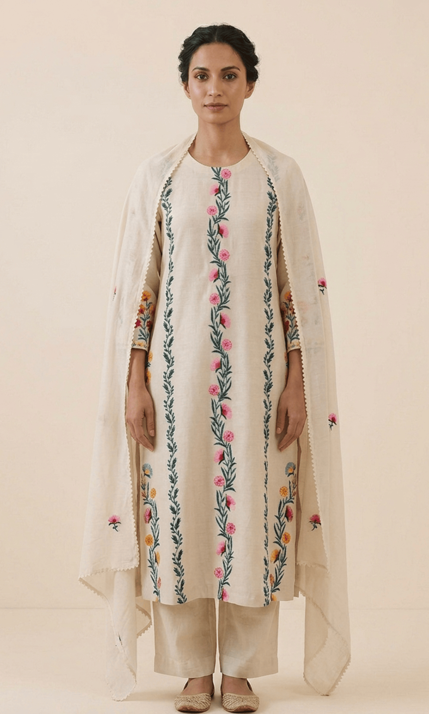 Ivory Floral Embroidered Kurta Set with Elegant Dupatta