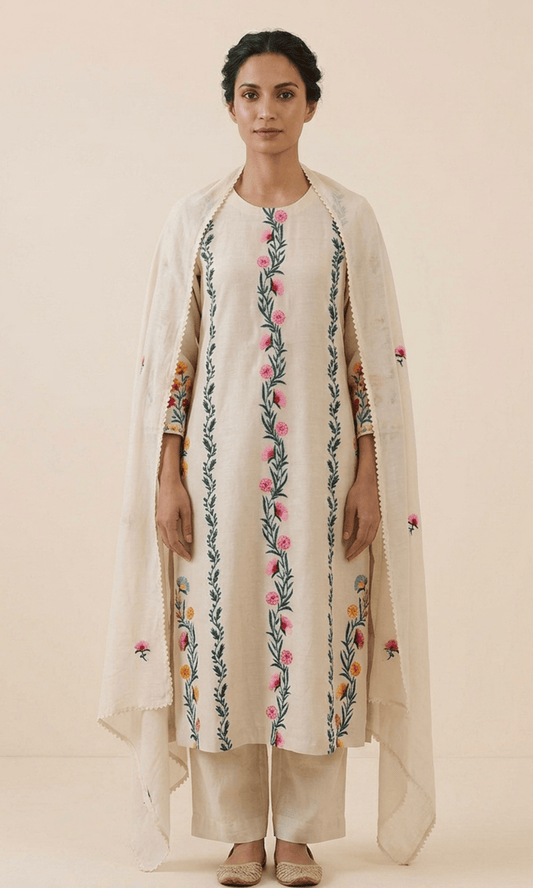 Ivory Floral Embroidered Kurta Set with Elegant Dupatta