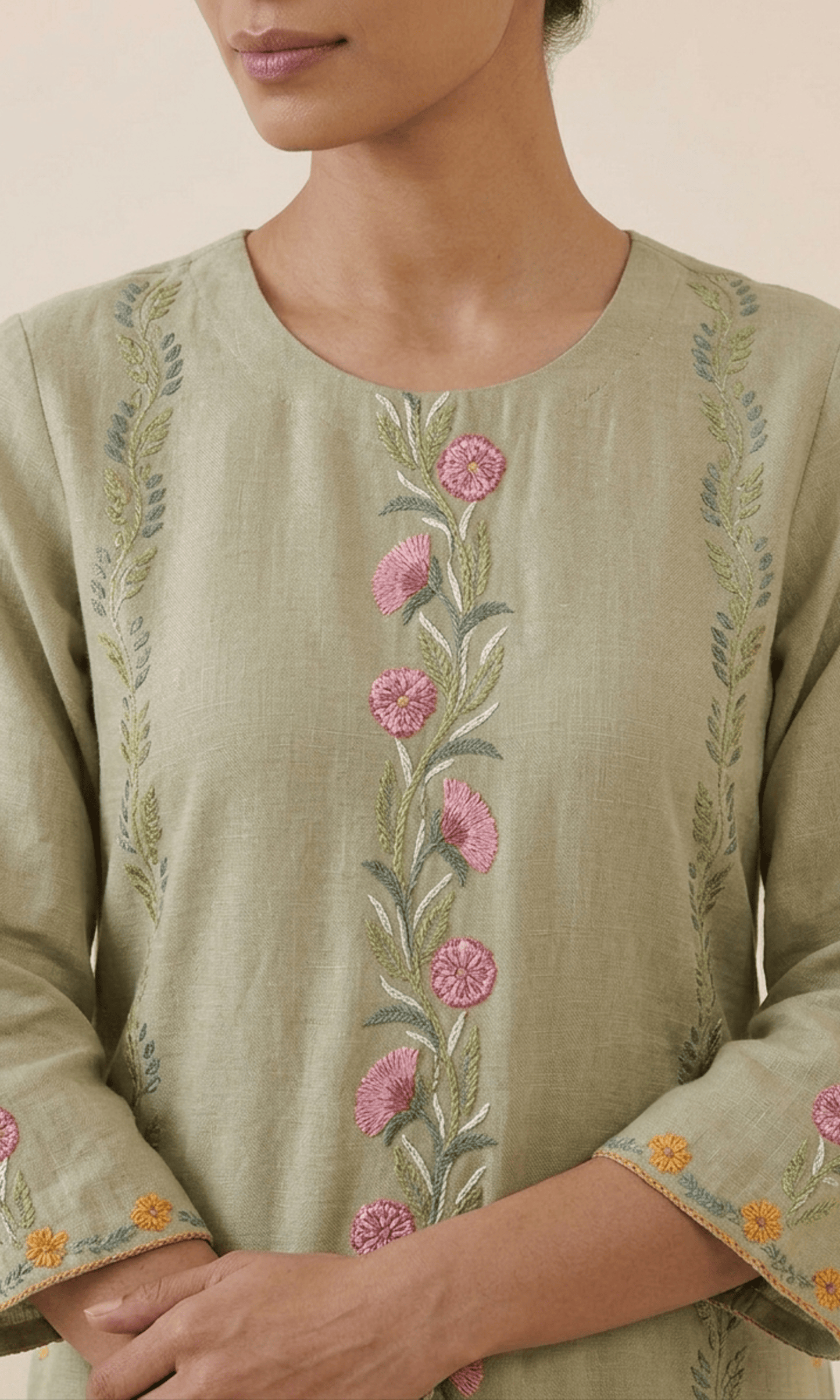 Sage Green Embroidered Kurta Set with Floral Handwork Dupatta