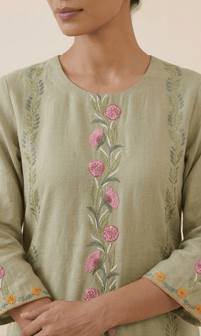 Sage Green Embroidered Kurta Set with Floral Handwork Dupatta