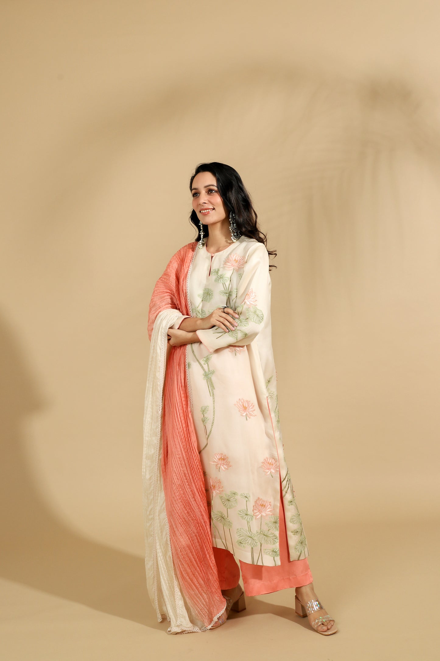 The Apricot Lace Embroidered Silk Set