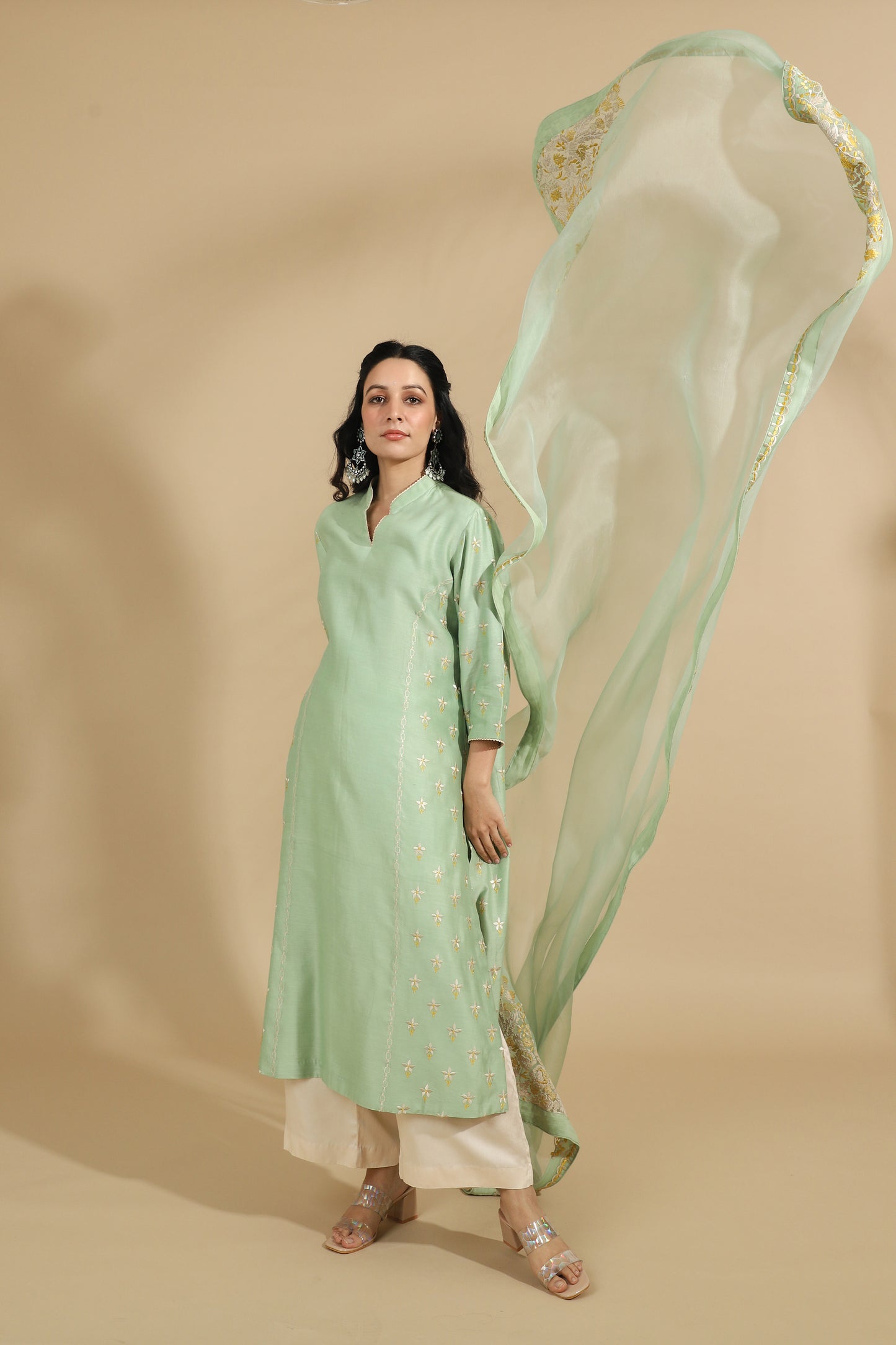 The Pistachio Petal Embroidered Silk Set