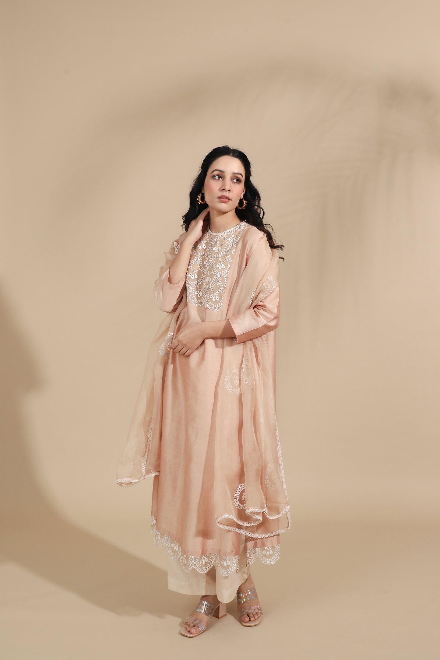 The Pearl-Blush Embroidered Silk Tunic Set