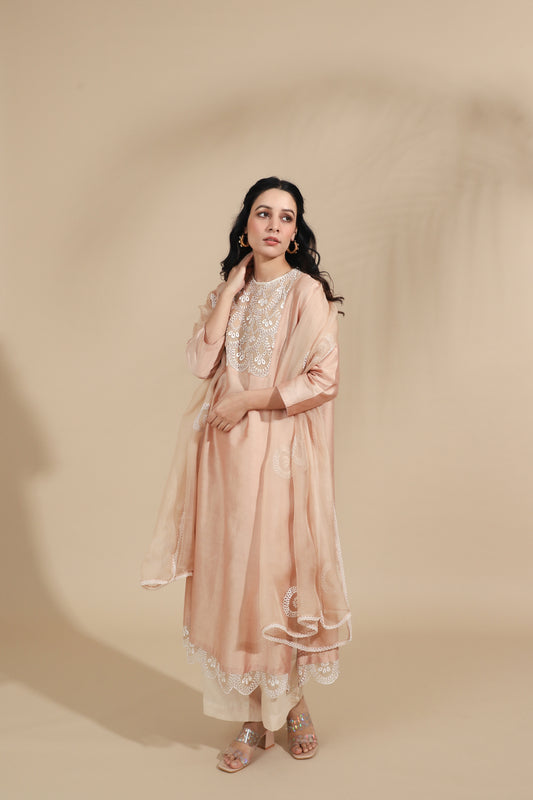 The Pearl-Blush Embroidered Silk Tunic Set
