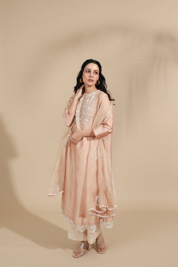 The Pearl-Blush Embroidered Silk Tunic Set