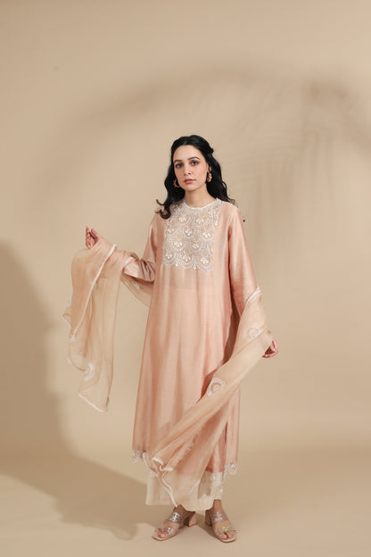 The Pearl-Blush Embroidered Silk Tunic Set