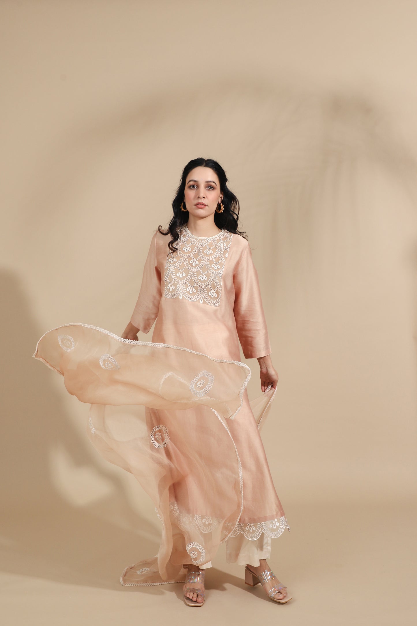 The Pearl-Blush Embroidered Silk Tunic Set