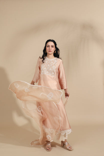 The Pearl-Blush Embroidered Silk Tunic Set